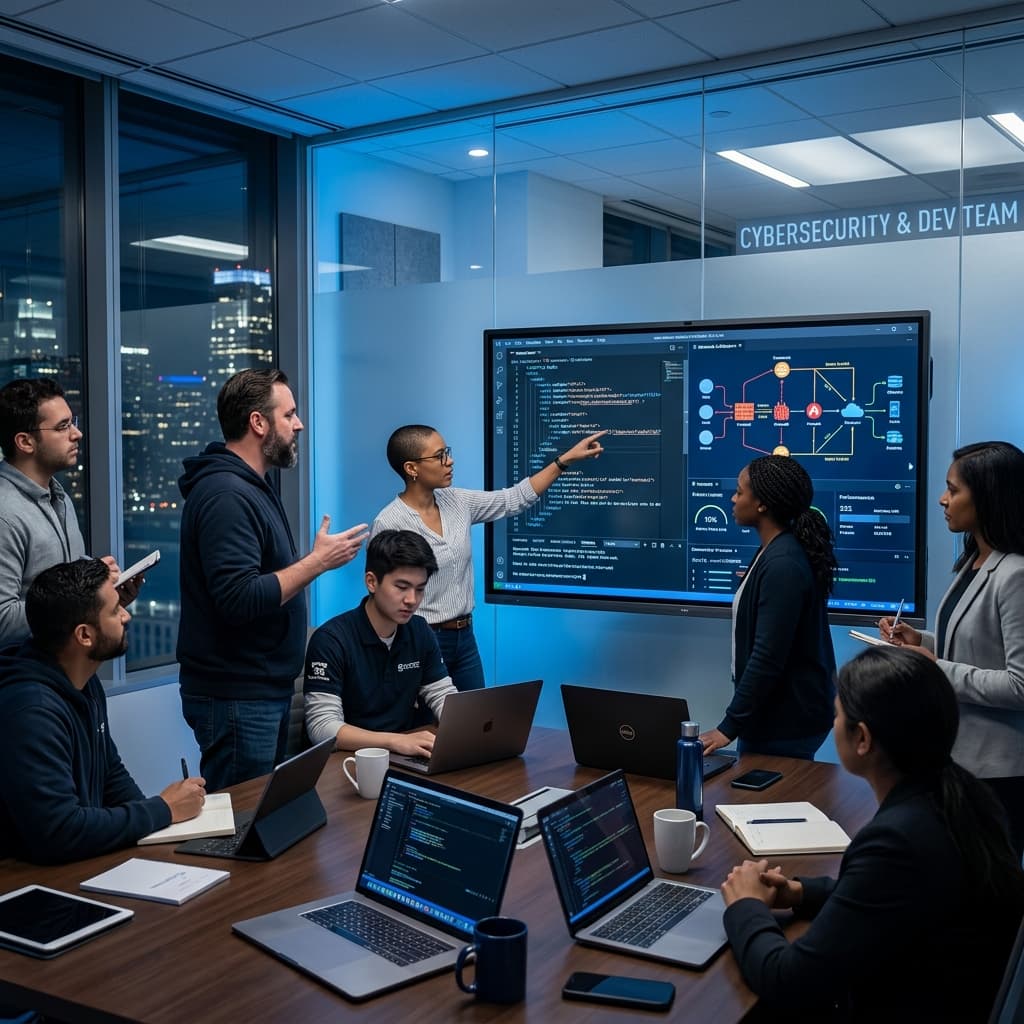 BrightWave cybersecurity team and software engineers collaborating around boardroom screens