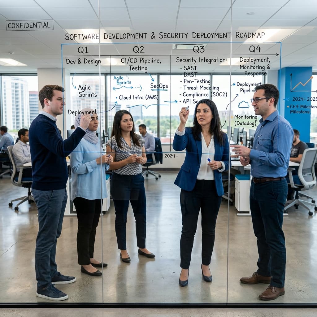 BrightWave security specialists and software planners collaborating on system architecture diagram