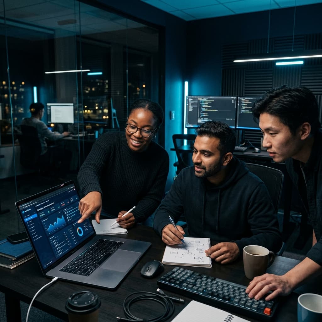 BrightWave software engineers collaborating on custom enterprise software product