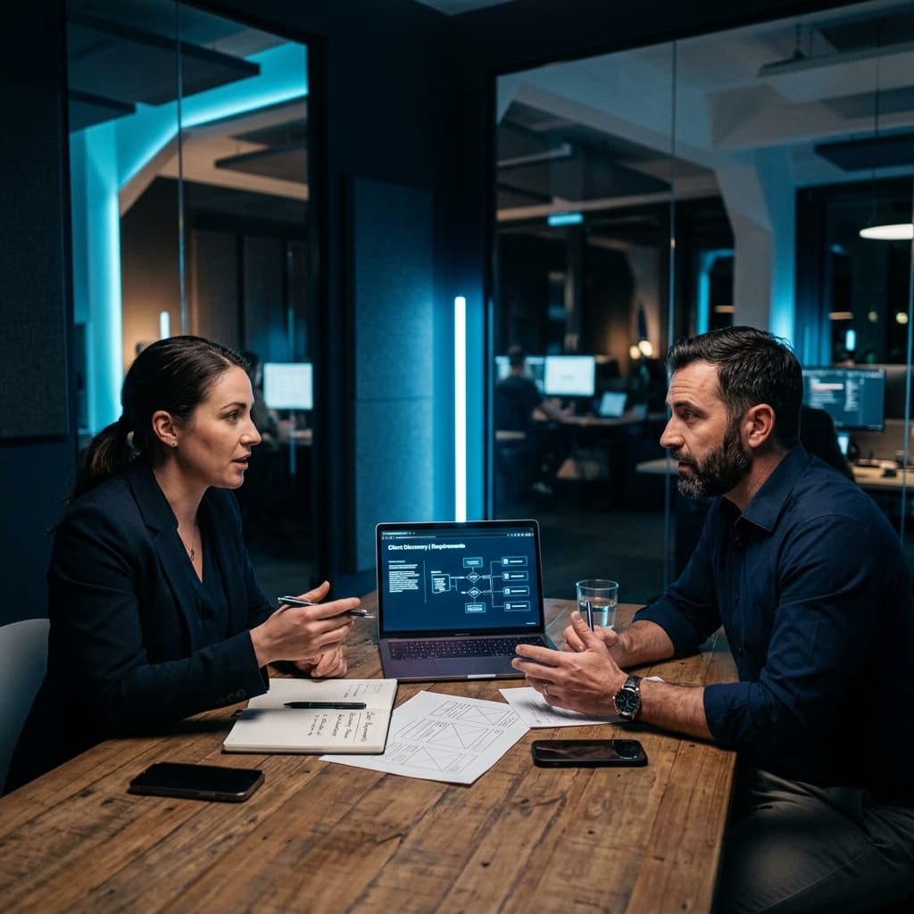 Two professionals discussing requirements and product discovery around a table