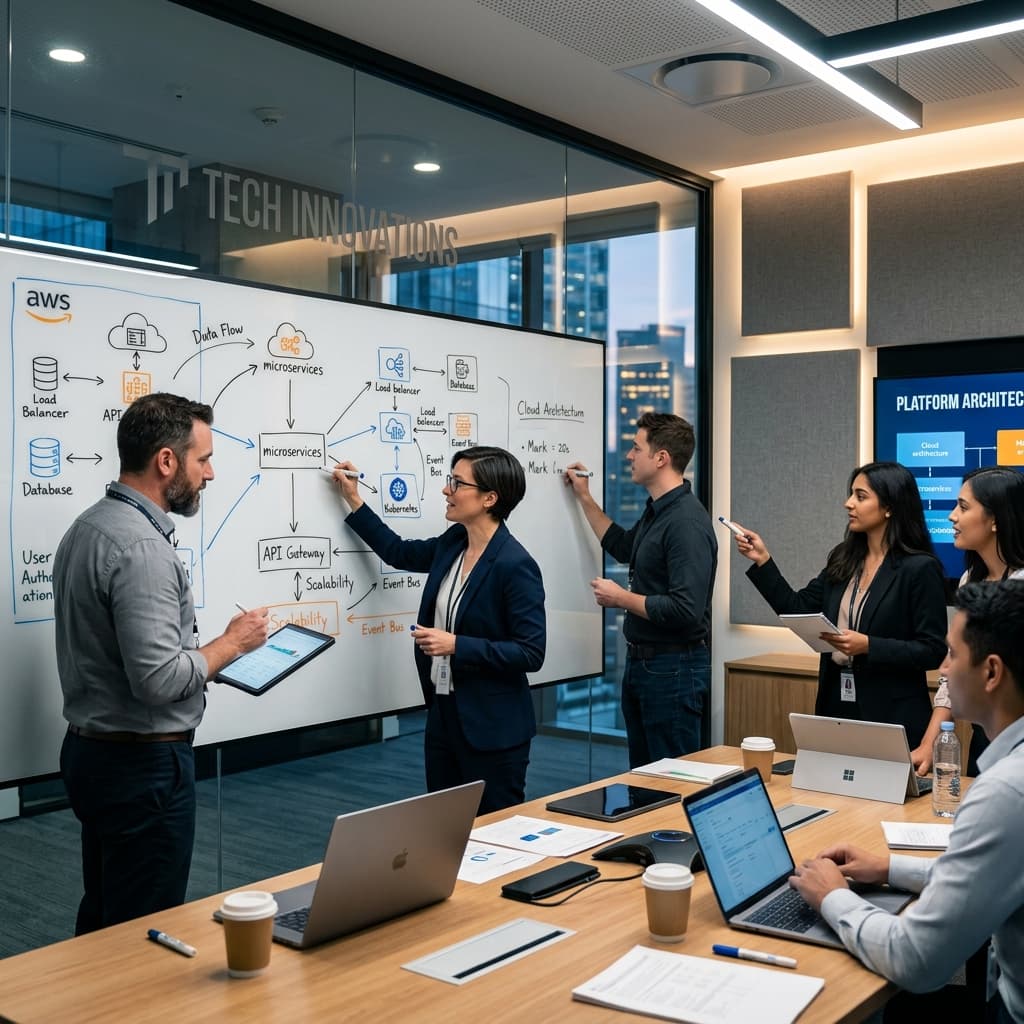 BrightWave software design planners collaborating on software architecture roadmap