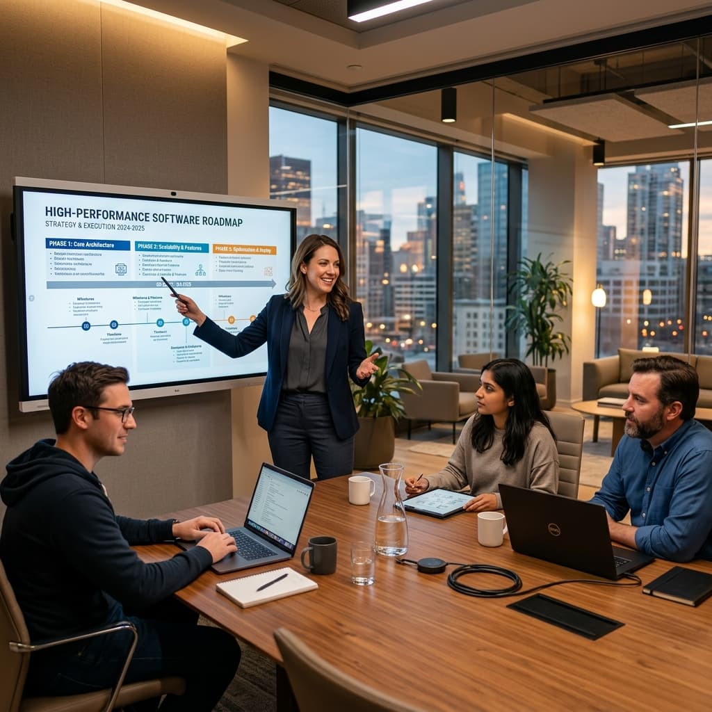 BrightWave software team and cybersecurity consultants presenting digital solutions in a boardroom meeting