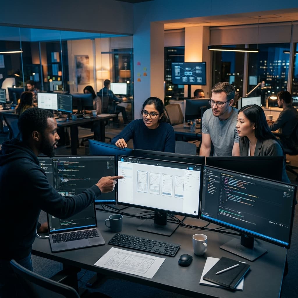 Software engineers collaborating in high-tech corporate coding workstation