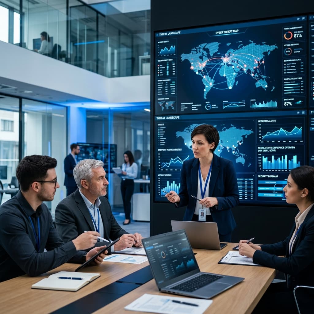 BrightWave cybersecurity consultants presenting cybersecurity solution in modern boardroom
