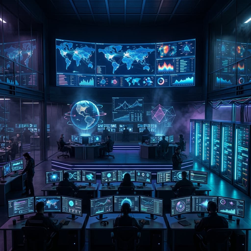 Cinematic enterprise Security Operations Center (SOC) room with dashboard screens